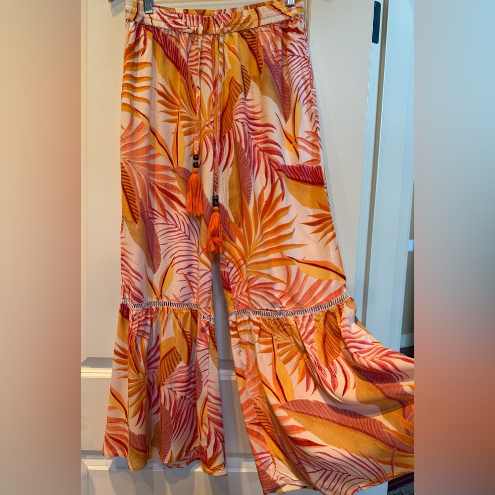 Resort wear,Retro Hippie Sz M,Orange Wide Flair Leg Pants,Artsy,Party ready